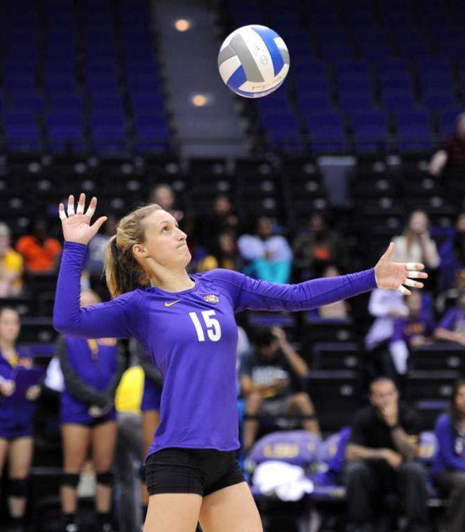 LSU senior defensive specialist Haley Smith (15) serves the ball Sunday, October 27, 2013 during the Tigers' 3-2 victory against Arkansas at the PMAC.