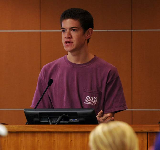 Senator William Baumgardner addresses Student Government about possible new services coming to the Union such as a dry cleaners, a passport office, and new food options Wednesday, Oct. 9, 2013, in the Capitol Chambers Room.