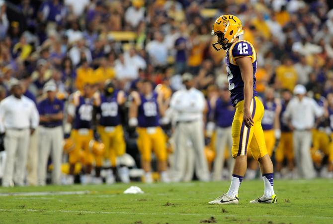 LSU red shirt freshman Colby Delahoussaye (42) waits for the snap Saturday, Sept. 14, 2013 during the 45-13 victory against Kent State at Tiger Stadium.