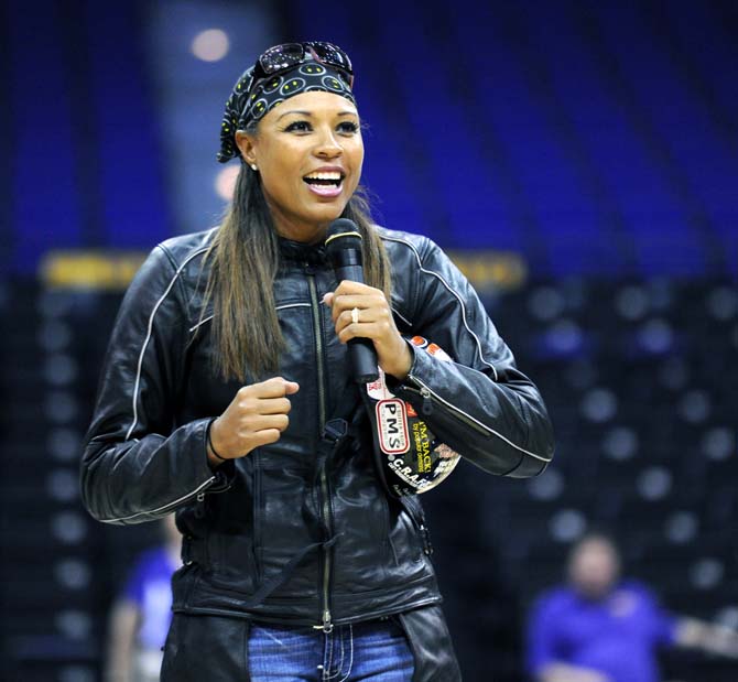 LSU women's basketball head coach Nikki Caldwell addresses the crowd Thursday during Bayou Madness in the PMAC