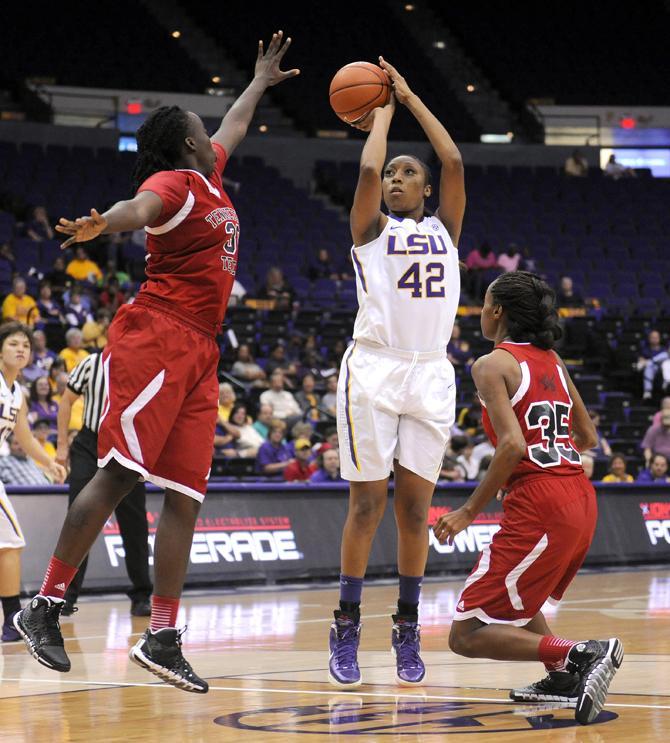 LSU junior forward Sheila Boykin (42) shoots a field goal Wednesday, Oct. 30, 2013 during the Lady Tiger's 95-24 victory agianst Tennessee Temple in the PMAC.