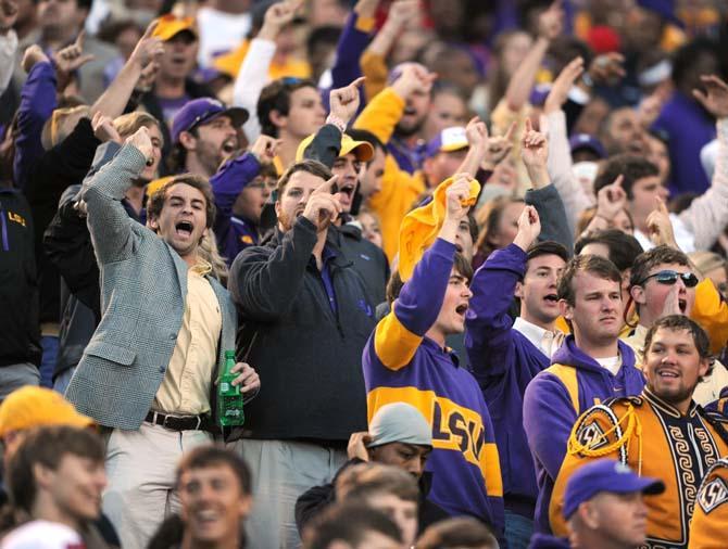 LSU fans cheer on the Tigers Saturday, October 19, 2013, during the Tigers' 27-24 loss against Ole Miss at Vaught-Hemingway Stadium.