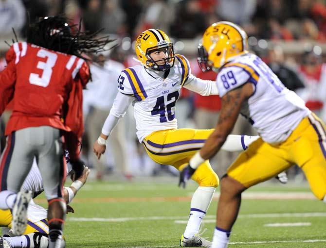 LSU freshman place kicker Colby Delahoussaye (42) kicks a field goal Saturday, October 19, 2013 during the Tigers' 27-24 loss against Ole Miss at Vaught-Hemingway Stadium.