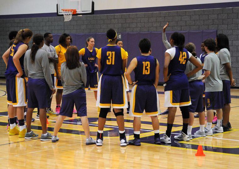 The LSU Lady Tigers huddle before starting practice on Tuesday afternoon, Oct. 1, 2013 in the LSU Basketball Practice Facility.