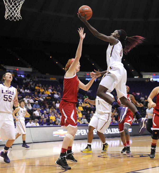 LSU freshman guard Raigyne Moncrief (11) lays up the ball Wednesday, Oct. 30, 2013 during the Lady Tiger's 95-24 victory agianst Tennessee Temple in the PMAC.