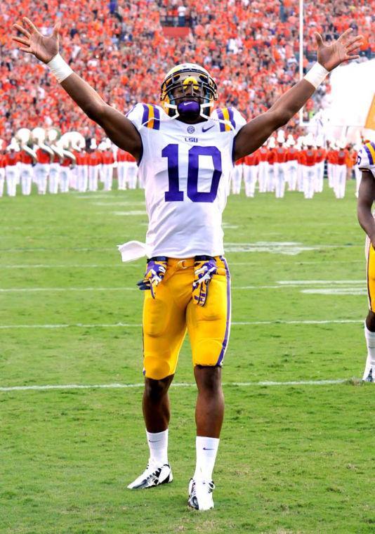 LSU senior wide receiver Russell Shepard (10) hypes up the crowd before the Tigers' 12-10 victory over Auburn on Saturday Sept. 22, 2012 in Jordan-Hare Stadium.