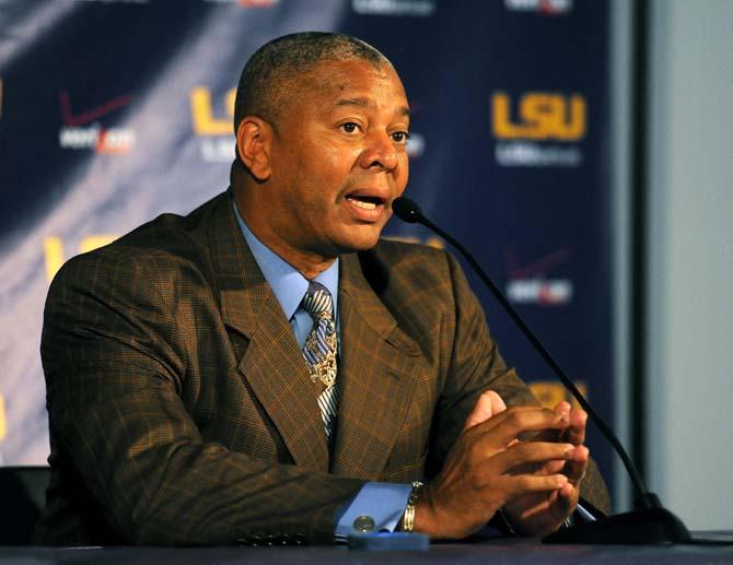 LSU head men's basketball coach Johnny Jones speaks to reporters Monday, October 28, 2013 at Basketball Media Day in the LSU Basketball Practice Facility.