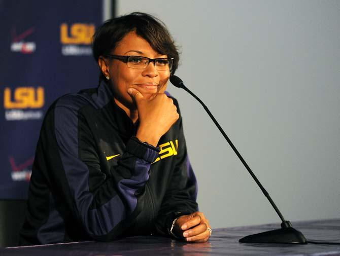 LSU head women's basketball coach Nikki Caldwell speaks to reporters Monday, October 28, 2013 at Basketball Media Day in the LSU Basketball Practice Facility.