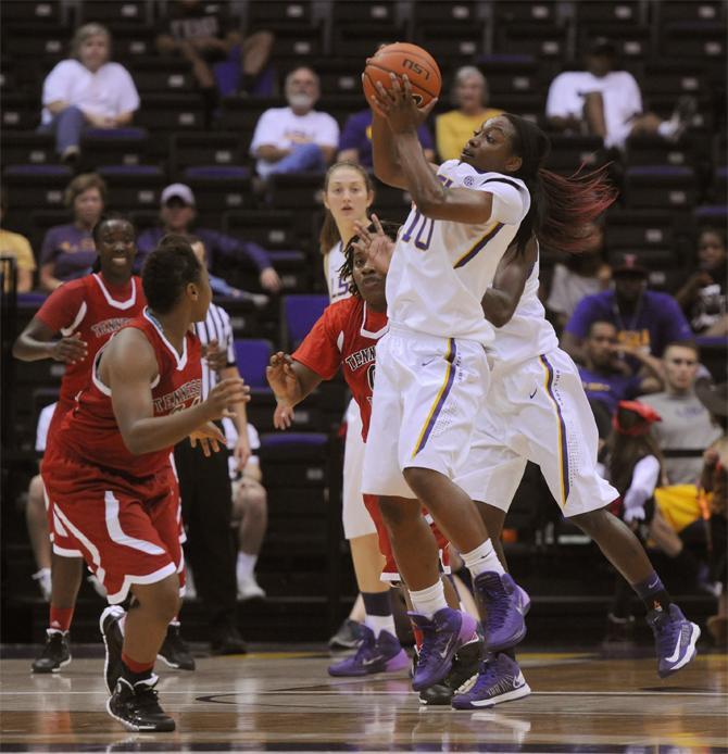 LSU freshman guard Jasmine Rhodes (10) intercepts a pass Wednesday, Oct. 30, 2013 during the Lady Tiger's 95-24 victory agianst Tennessee Temple in the PMAC.