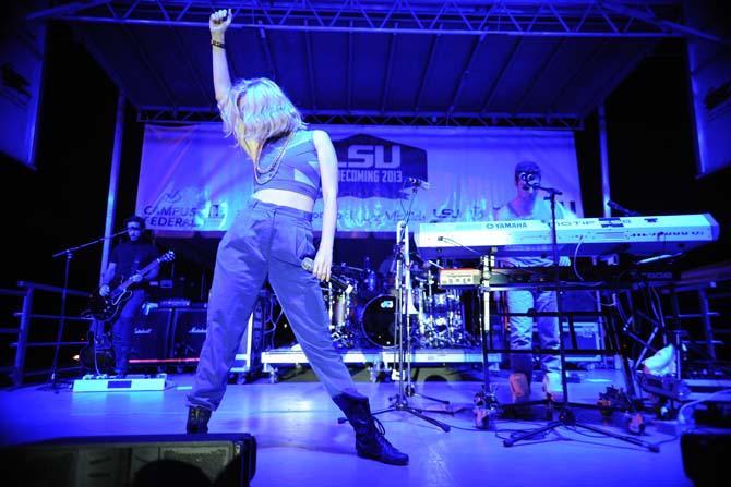 Amy Renee Heidemann and Nicholas Louis "Nick" Noonan, of Karmin, perform Thursday, Oct. 24 2013, at the LSU Homecoming Concert held at the parade grounds