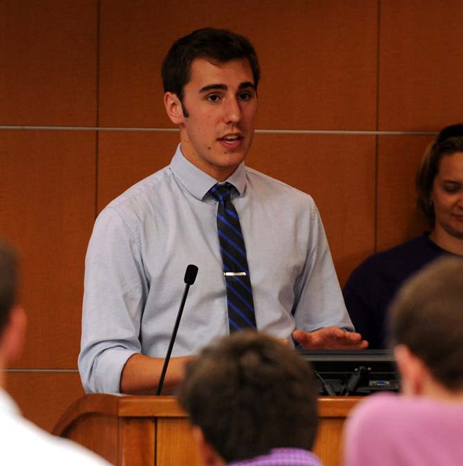 Senator Alexande DeBlieux discusses amendments to the Student Government Constitution Wednesday, Oct. 9, 2013, in the Capitol Chambers Room. Students will be able to vote on these amendments in the Fall election.