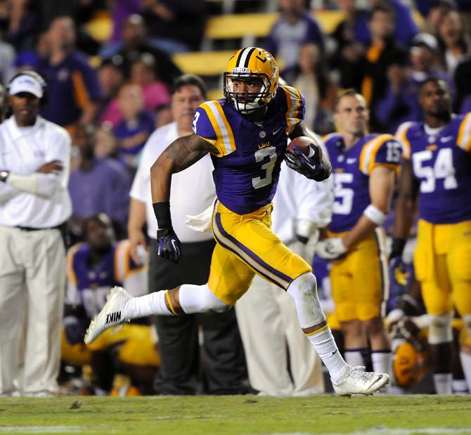 LSU junior wide reciever Odell Beckham Jr. (3) runs towards the endzone Saturday, Oct. 26, 2013, during the Tigers' 48-16 win against Furman in Tiger Stadium.