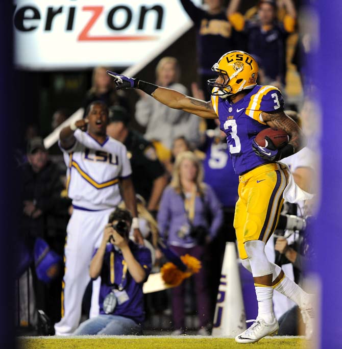 LSU junior wide reciever Odell Beckham Jr. (3) celebrates after a touchdown Saturday, Oct. 26, 2013, during the Tigers' 48-16 win against Furman in Tiger Stadium.