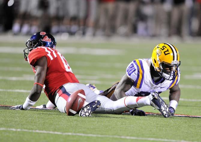 LSU junior wide receiver Jarvis Landry (80) misses a pass Saturday, October 19, 2013 during the Tigers' 27-24 loss against Ole Miss at Vaught-Hemingway Stadium.