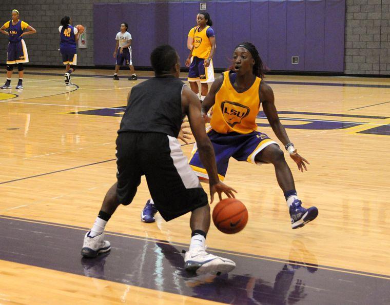 Freshman guard Raigyne Moncrief practices with the Lady Tigers Tuesday, Oct. 1, in the LSU Basketball Practice Facility.