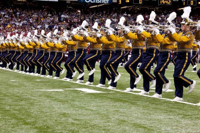 The LSU marching band plays during half time of the Tigers' 21-0 loss at the Allstate BCS National Championship game Jan. 9, 2011.