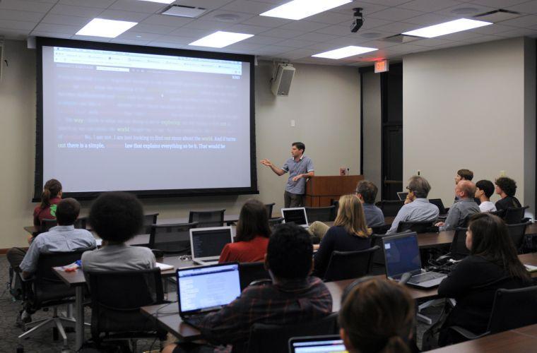 Justin Manor explains a graphic illustration during a workshop Tuesday afternoon, Oct. 15, 2013 in the Louisiana Digital Media Center.