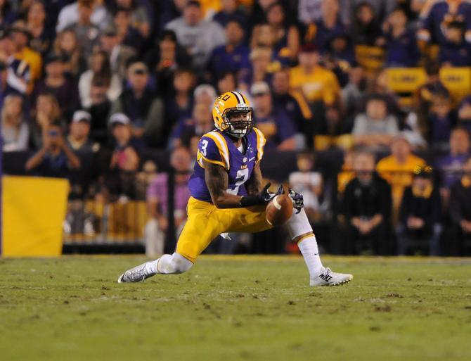 LSU junior wide reciever Odell Beckham Jr. (3) fumbles a kickoff Saturday, Oct. 26, 2013 during the Tigers' 48-16 win against Furman in Tiger Stadium.