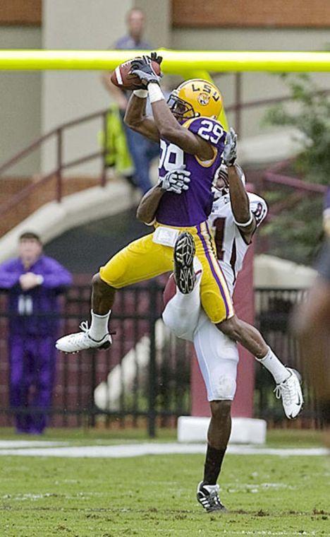 Senior corner back Chris Hawkins (29) intercepts a pass from Mississippi State senior quarterback Tyson Lee intended for Mississippi State freshman wide receiver O'Neal Wilder (81) Saturday morning in Davis Wade Stadium in Starkville. LSU defeated MSU 30 to 26.