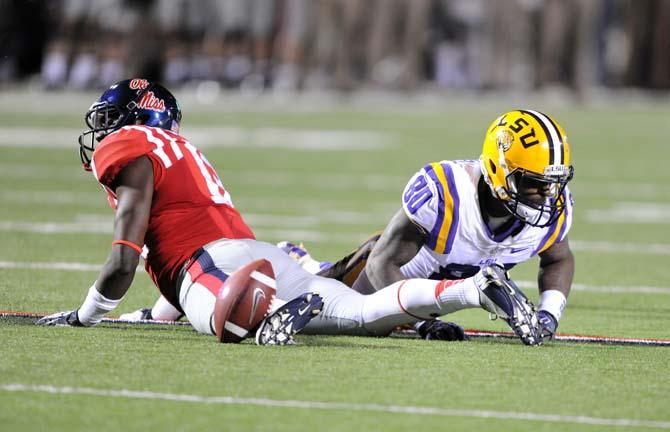 LSU junior wide receiver Jarvis Landry (80) misses a pass Saturday, October 19, 2013 during the Tigers' 27-24 loss against Ole Miss at Vaught-Hemingway Stadium.