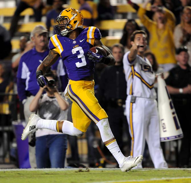 LSU junior wide reciever Odell Beckham Jr. (3) sprints towards the endzone Saturday, Oct. 26, 2013, during the Tigers' 48-16 win against Furman in Tiger Stadium.