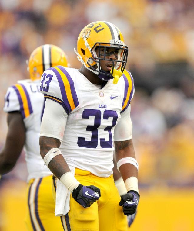 LSU sophomore running back Jeremy Hill celebrates a first down run Saturday, Oct. 12, 2013 during the Tigers' 17-6 victory against the Florida Gators in Tiger Stadium.