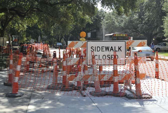 Construction prevents students from walking on sidewalks Monday, October 28, 2013 near the Student Union.