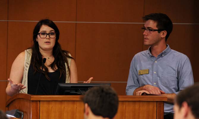 Senator Kayleigh Buvens and Speaker pro tempore Trey Schwartenzburg propose a resolution to bring to the Faculty Senate opposing the implementation of a suffix grading system at LSU on Wednesday, Oct. 9, 2013, in the Capitol Chambers Room.