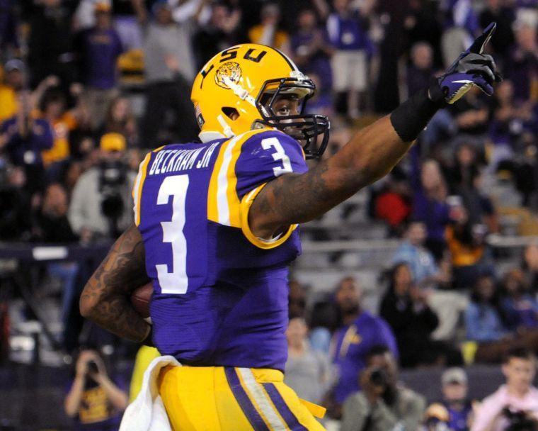 LSU junior wide receiver Odell Beckham Jr. (3) acknowledges the crowd after scoring a touchdown Saturday night, Oct. 26, 2013 during the Tigers' 48-16 win against Furman in Tiger Stadium.