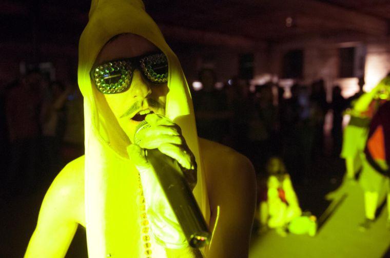 Ian Quiet of the Ian Quiet Band performs in a bejeweled banana suit Friday, Oct. 11, 2013 at the McNeill Street Pumping Station New Music Festival in Shreveport, Louisiana.