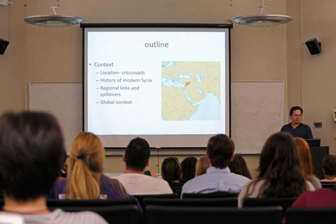 LSU students and fellow facutly gather Mon. Sept. 9, 2013 in Howe Russell Hall to discuss the U.S. involement in Syria.