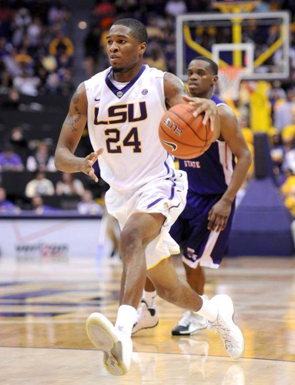 LSU sophomore guard Malik Morgan (24) maneuvers toward the basket Saturday, Nov. 16, 2013 during the Tigers' 88-74 victory against Northwestern State in the PMAC.