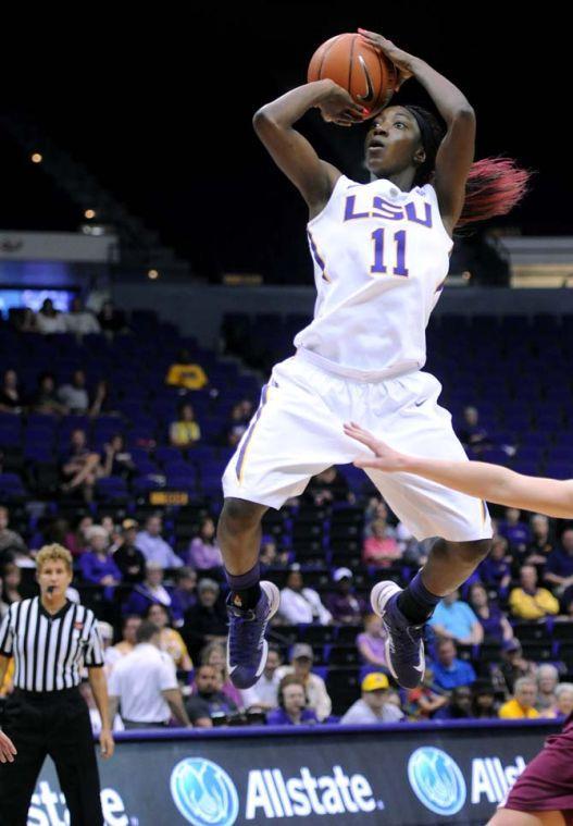 LSU freshman guard Raigyne Moncrief (11) shoots Sunday, Nov. 10, 2013 during the Tigers' 80-64 victory against St. Joseph's University in the PMAC.