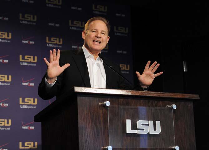 LSU head coach Les Miles speaks with the media Monday, Nov. 18, 2013 during the weekly Lunch with Les press conference in the Athletic Administration Building.