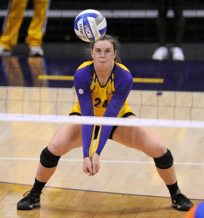 LSU sophomore outside hitter Cati Leak returns a volley Friday, Nov. 1, 2013 during the Tiger's 3-1 loss to the Florida Gators in the PMAC.