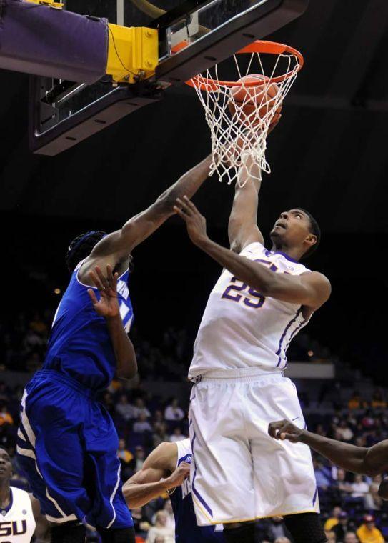 LSU freshman forward Jordan Mickey (25) shoots a goal on Tuesday, Nov. 19, 2013 during the Tigers' 81-74 victory against University of New Orleans in the PMAC.