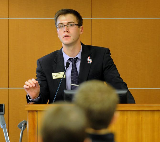 Speaker pro tempore Trey Schwartzenburg speaks at this weeks student government meeting on Wednesday, Nov. 20, 2013, at the Capital Chambers room in the Student Union.