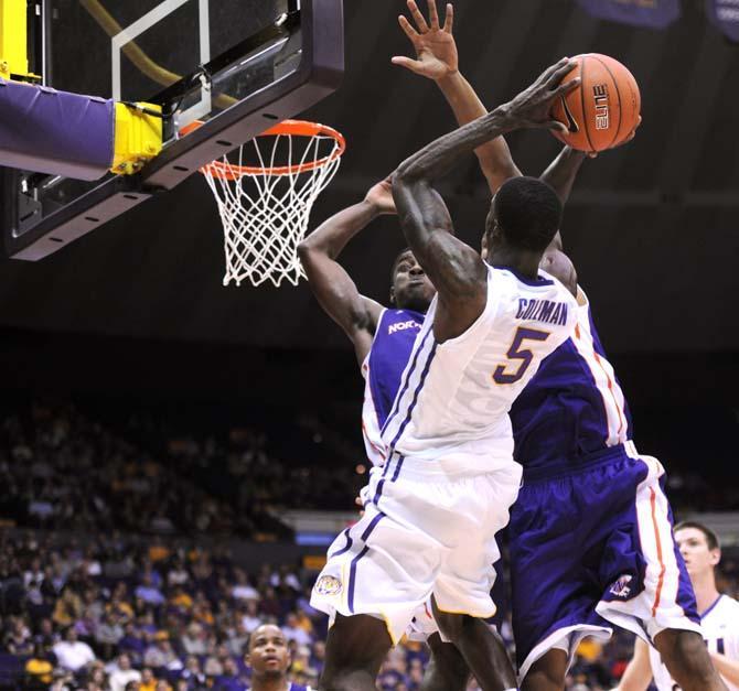 LSU senior forward Shavon Coleman (5) attempts to score Saturday, Nov. 16, 2013 during the Tigers' 88-74 victory against Northwestern State in the PMAC.