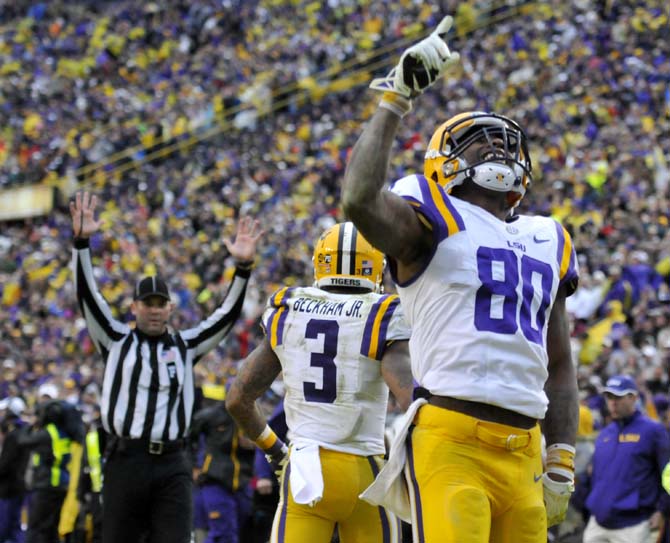 LSU junior wide receiver Jarvis Landry (80) celebrates after scoring a touchdown at the end of the 2nd quarter Saturday, Nov. 23, 2013 during the Tigers' game against Texas A&amp;M in Tiger Stadium.