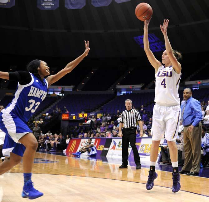 LSU sophomore guard Anne Pedersen (4) shoots over Hampton sophomore forward Brielle Ward (33) Wednesday, Nov. 20, 2013 during the the first half of the LSU-Hampton game in the PMAC.