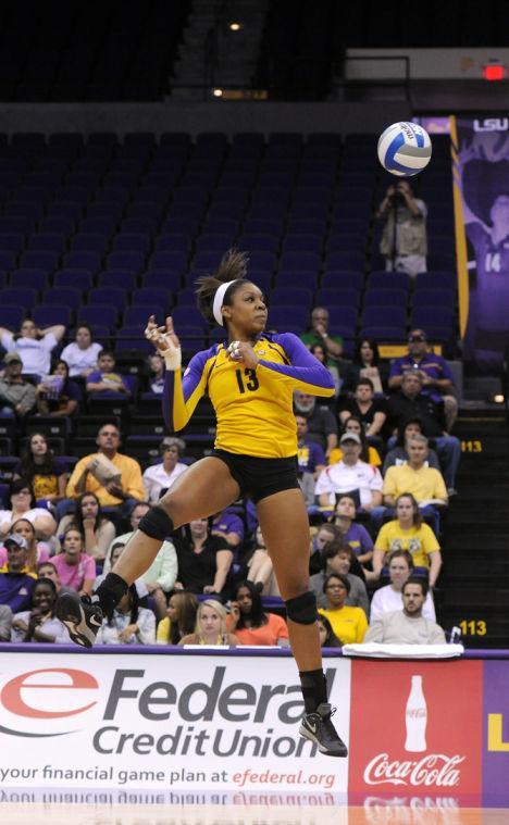 LSU freshman Briana Holman (13) spikes the ball Friday, Nov. 1, 2013 during the Tiger's 3-1 loss to the Florida Gators in the PMAC.