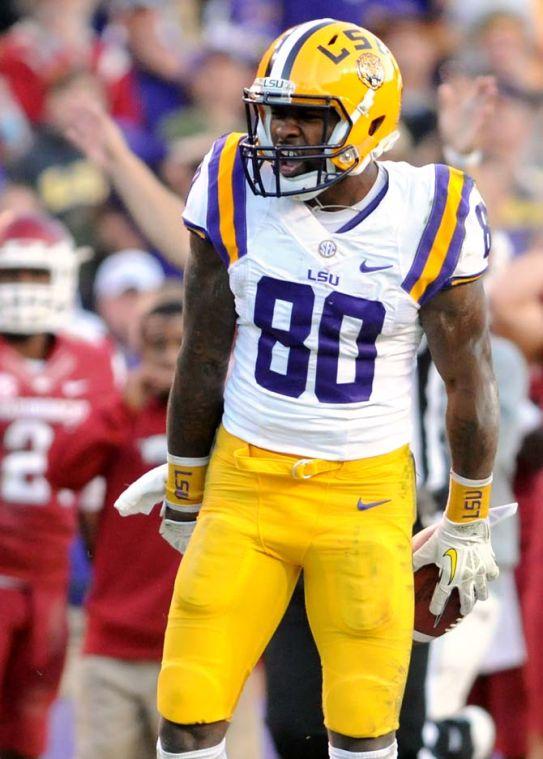 LSU junior wide receiver Jarvis Landry (80) celebrates after a successful play Friday, Nov. 29, 2013 during the Tigers' 31-27 victory against Arkansas in Tiger Stadium.