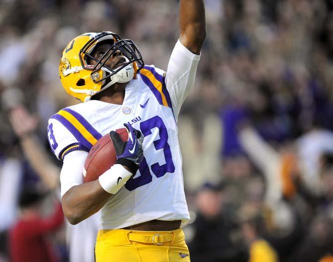 LSU freshman wide receiver Travin Dural (83)&#160;celebrates in the end zone Friday, Nov. 29, 2013 during the Tigers' 31-27 victory against Arkansas in Tiger Stadium.