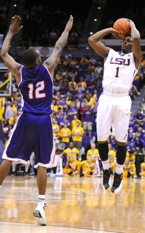 LSU junior guard Anthony Hickey (1) attempts a three-pointer Saturday, Nov. 16, 2013 during the Tigers' 88-74 victory against Northwestern State in the PMAC.