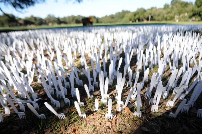 Kitchens on the Geaux has created an installation on the LSU Parade Ground to raise awareness for LSU National Hunger and Homelessness Week.