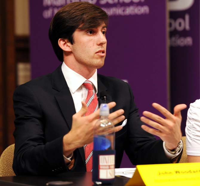 Student Government Presidential candidate John Woodard voices his opinion on March 7, 2013, at a campaign debate in the Holliday Forum.