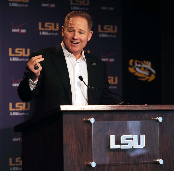 LSU football head coach Les Miles speaks to the media Monday, Nov. 25, 2013 at the weekly "Lunch With Les" press conference in the Athletic Administration Building.