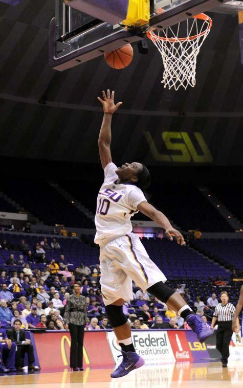 LSU freshman guard Jasmine Rhodes (10) performs a lay up Wednesday, Nov. 20, 2013 during the Lady Tiger's 73-54 vitory against Hampton Lady Pirates in the PMAC.