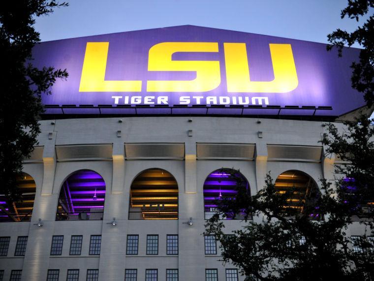 The new purple and gold lights in Tiger Stadium shine brightly Tuesday, Sept. 11, 2012.