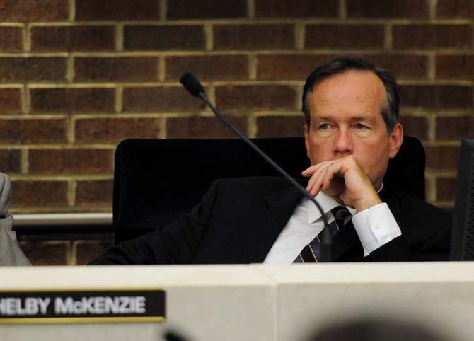 New LSU President F. King Alexander watches the speaker on Wednesday, April 17, 2013 during the Board of Supervisors meeting in the LSU System Building.